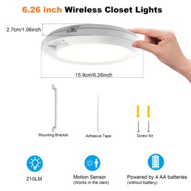 APCENS Battery Operated Motion Sensor Light Indoor, 6.3", 210LM, 6000K Cool White, Stick-on or Screw Mount for Ceiling/Wall, for Closet, Pantry, Shed, Cabinet, Stairwell, Hallway, 1-Pack