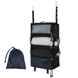 TABITORA Travel Luggage Organizer Hanging Packing Cubes Portable Hanging Shelves Carry on Closet for Suitcase with 2 Hooks,Collapsible(Navy,M)