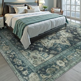 Cmezevi 8x10 Area Rugs:Machine Washable Rug for Living Room - Soft Faux Wool Bedroom Carpet - Large Boho Vintage Carpet for Hall Office Playroom Nursery Kids & Pets Friendly Teal