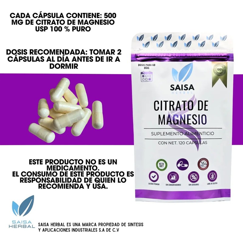Citrato De Magnesio 2 Bolsas Con 120 Cápsulas De 500
