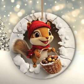 Squirrel Ornaments for Christmas Tree, Squirrel Christmas Ornaments - Gifts for Squirrel Lovers, Squirrel Gifts for Women Men - Squirrel Decor - Ceramic Ornaments