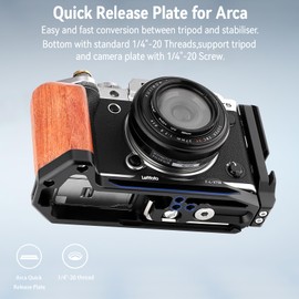 LEFTFOTO X-T5 レトロハンドグリップ L字型ブラケットハンドル 木製グリップ付き Fuj XT5 カメラ用 取り外し可能な垂直張力サイドクイックリリースプレート付き Arca クイックリリースプレート内蔵 シャッターボタン付き