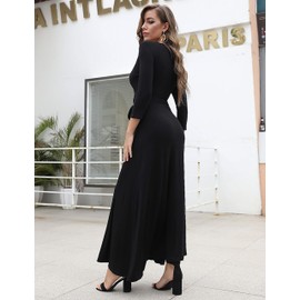 Aphratti Maxi Dresses for Women 2025 Summer Casual 3/4 Sleeve Faux Wrap V Neck Flowy Long Maxi Dresses Solid Black Medium