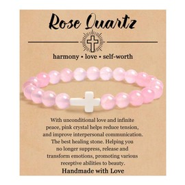 Caiyao 8mm Natural Stone Cross Bracelets Relief Anxiety Beaded Wristbands Braceclets for Women Men-Pink