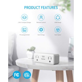 Syantek Wireless Remote Control Outlet Combo Kit, Remote Switch Outlets up to 100ft Range, Each Outlet Contains 1 Always-ON & 1 RF Control Socket, FCC Certified, White (2 Outlets + 1 Remote)