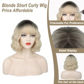 MORTICIA Blonde Short Curly Women Bob Wig Full Bang Wavy Texure Heat Resistant Synthetic Short Women Wig (Blonde)
