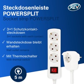 REV Power Strip PowerSplit - Multiple Socket 4-Way (3+1) with Switch, Wall Socket Remains Maintained, 3500 W, 5 m, White