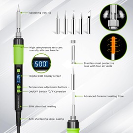 YEEHONEC Soldering Iron Kit | 90W LCD Soldering Iron with Auto Sleep Function | Adjustable Temperature 180°C-500°C | 5 Soldering Tips + Stand + Soldering Wire