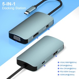 BDFFLY 5 in 1 Dockingstation, USB-C-Hub auf 100-W-Stromversorgungsadapter, 4K @ 30 Hz HDMI, DP & Mini DP, 1080 P @ 60 Hz VGA für MacBook Pro, Dell, HP und mehr USB-C-Laptops