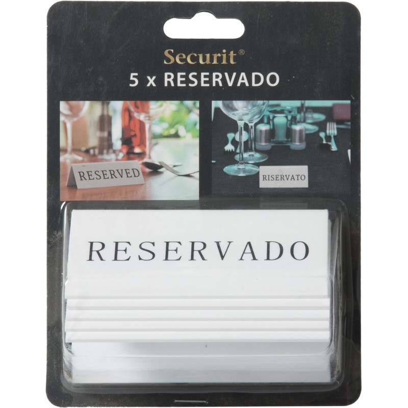 Securit Reservation Table Stands, Reservado-Spanish (Set of 5), White, 5x10x4,