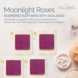 Age of Sage Natural Soap Bar w/Sisal Bag, Vegan Artisan Soap Bar Set for Women, Body Soap in Bar Soap Pouch, Natural Bath Soaps w/Essential Oils, 4 Plain Body Soap Bars, Moonlight Roses