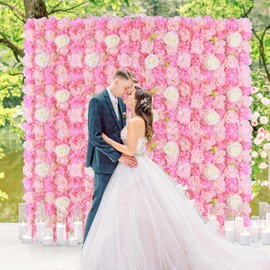 FANPROMS Pink Flower Wall Backdrop 12 Pcs Artificial Flower Wall Panels Silk Rose Flowers for Backdrops Pink Artificial Floral Backdrop Walls for Birthday Party Wedding Decor