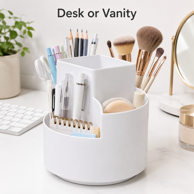 Rotating Pen Holder for Desk Organization - 3-Compartment Storage for