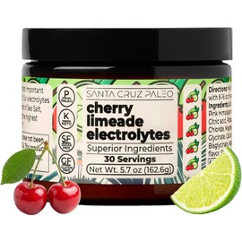 Santa Cruz Paleo Polvo de electrolitos, limonada de cereza, mezcla de bebida hidratante sin azúcar con sal rosa del Himalaya, sal marina, glicinato de magnesio, cloruro de potasio, edulcorante.