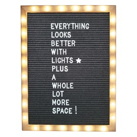 Letter Board THE ORIGINAL Black Felt Board with Stand, Built-in LED Lights 12 x 16 -Menu Board + Wood Frame, 690 Letters, Emojis + Cursive words - Custom Sign Messages