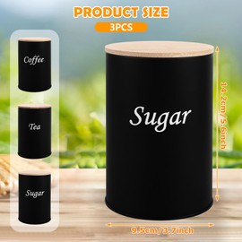 AHAQU 3PCS Tea Coffee and Sugar Canisters Set, 9.5x9.5x14.2cm Tea Coffee Sugar Jars with Bamboo Lids, Metal Kitchen Canister Sets Black for Food Storage