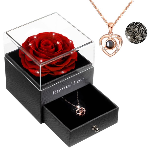 Sunia Mother's Day gift, eternal rose with jewellery, preserved real pink with love you necklace, 100 languages, gift, enchanted real pink for Mother's Day, birthday, romantic gifts for her