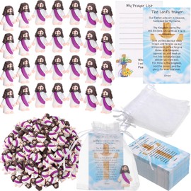 Barydat 150 Set Mini Jesus Easter Figures Little Jesus Toys Bulk Religious Christian Doll with 150 Prayer Cards and 150 Organza Bags for Sunday School Church Mother's Day Baptism Gift(Purple)