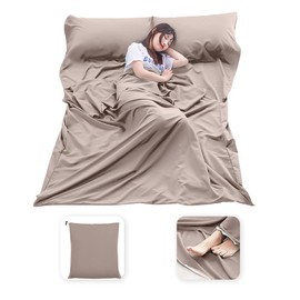 MongByYa Sleeping Bag Liner Lightweight Compact Sleeping Bag Sack Portable Clean Travel Sheet Camping Sleep Sheet for Backpacking Hotel Hiking (Light Khaki, 82.7'' X 45.3'')