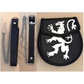 HALF-DRESS SPORRAN STITCHED LION RAMPANT WHITE CALF SKIN SLIVER STUD WITH STRAP
