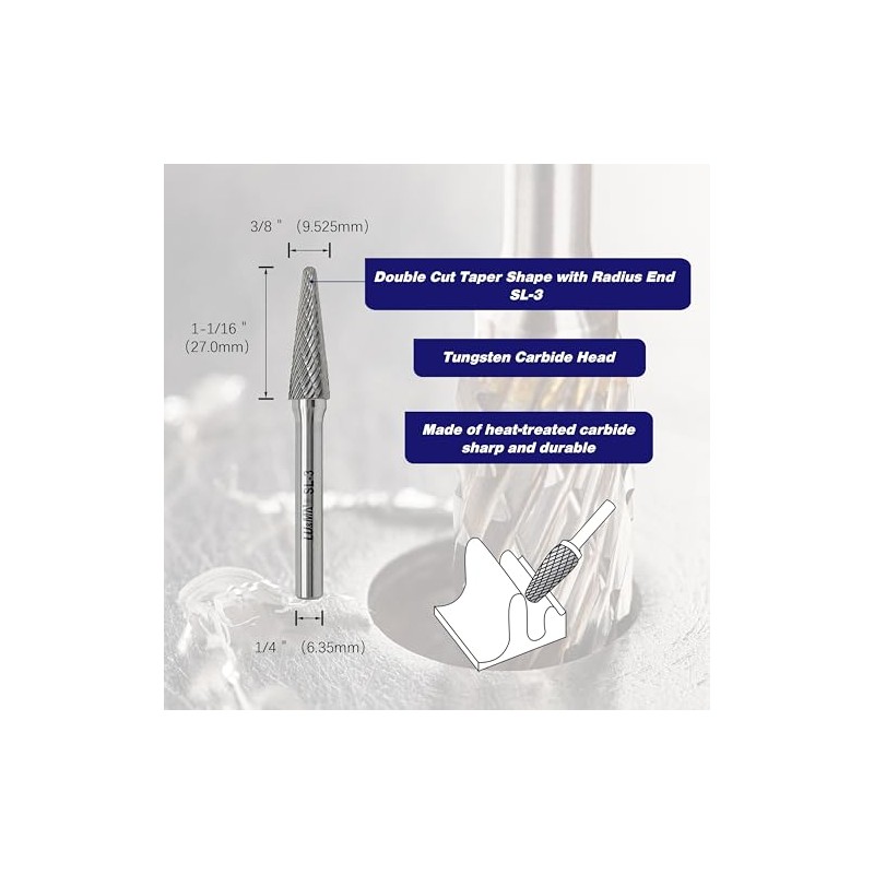 SL-3 Tungsten Carbide Burr Rotary File, Taper Shape Double Cut,