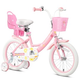 Glerc 16 Inch Kids Bike for 4 5 6 7 Years Old Little Girls Cute Bicycles with Basket Training Wheels and Bell,Color Pink & White
