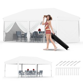 Garvee 10x20 Pop Up Canopy Tent Outdoor Canopy One-Person Set Up Heavy Duty Commercial Instant Tent Shelter, 6-Sidewall+White