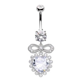 Pierced Owl 14GA Stainless Steel Bow and CZ Crystal Heart Dangling Belly Button Ring (Silver Tone)