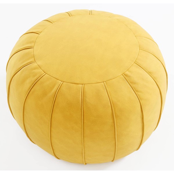 C COMFORTLAND Unstuffed Faux Leather Ottoman Pouf, Round Foot Rest Poof Ottomans, Floor Foot Stool Poufs, Bean Bag Cover with Storage for Living Room, Bedroom, Yellow (No Filler)
