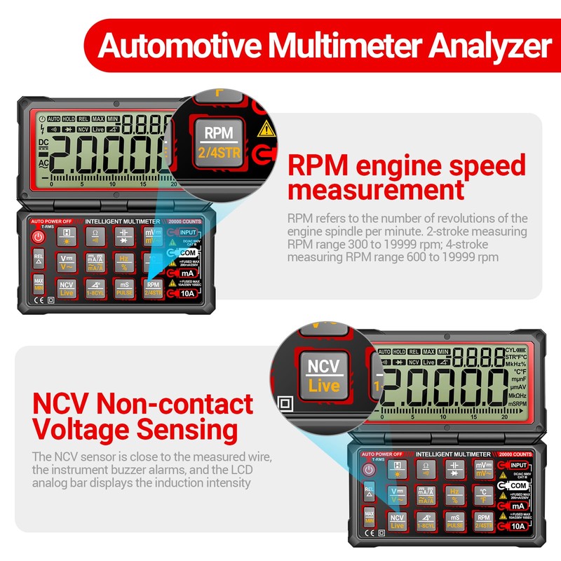 ANENG Multimeter,20000 Counts Digital Rechargeable Automotive Engine Analyzer with 300-19999RPM