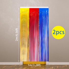 SAVITA 2pcs Foil Fringe Curtains, 6.56x3.28ft Cartoon Foil Fringe Door Tinsel Curtains Shining Wedding Birthday Backdrop Streamers for Rainbow Photo Backdrop Party Decorations (Gold, Red, Blue)