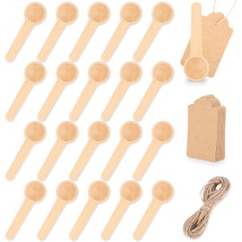 joonnair 24 Round Wooden Spoons Small with Label and String Spice Spoon Small Wooden Spoon Mini Wooden Spoon Salt Spoon Small Spoon for Spice Jars, Spices, Honey, Sugar, Kitchen