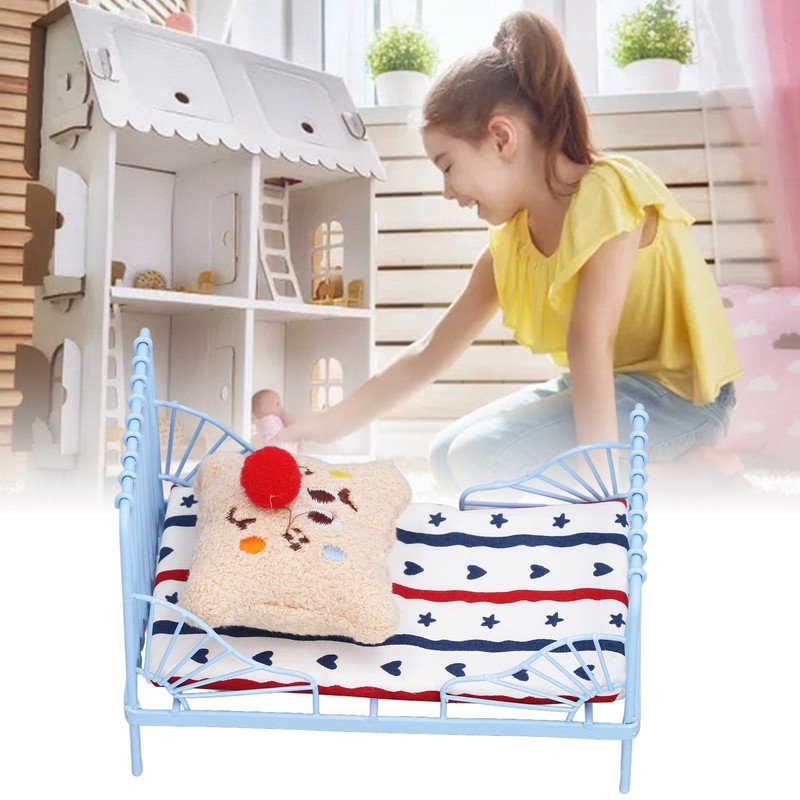 1:12 Miniature Bed Metal Structure Cute Pattern Sponge Cloth Mattress