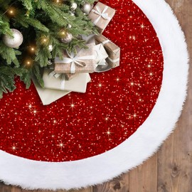 Dremisland Sequin Christmas Tree Skirt 36 Inch Luxury Faux Fur Tree Skirt Plush Christmas Decorations Thick Velvet Sparkly Xmas Tree Mats Holiday New Year Home Party Decor (Red, 36inch/90cm)