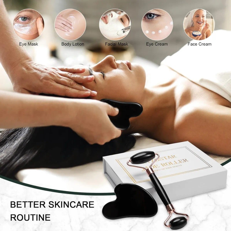 Rodillo Facial Jade Black Obsidiana Guasha Stone Massage Kit