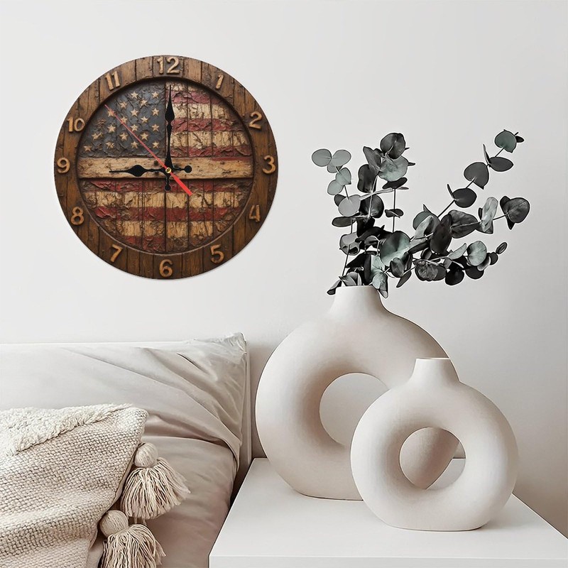 American Flag Rustic Wood Wall Clock Distressed Design Home Decor