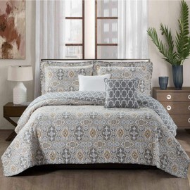 Home Soft Things Lanza Printed Microfiber Quilt Queen 90" x 90" 5 Piece Bedding Set with Matching Shams Pillows, Mustard Gray Blue Floral Design Reversible Bedspread Coverlet