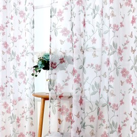 Tollpiz Short Sheer Floral Tier Curtains Pink Flower Butterfly Printed Half Window Curtain Rod Pocket Kitchen Voile Faux Linen Curtains for Bathroom, 30 x 24 inches Long, Set of 2 Panels