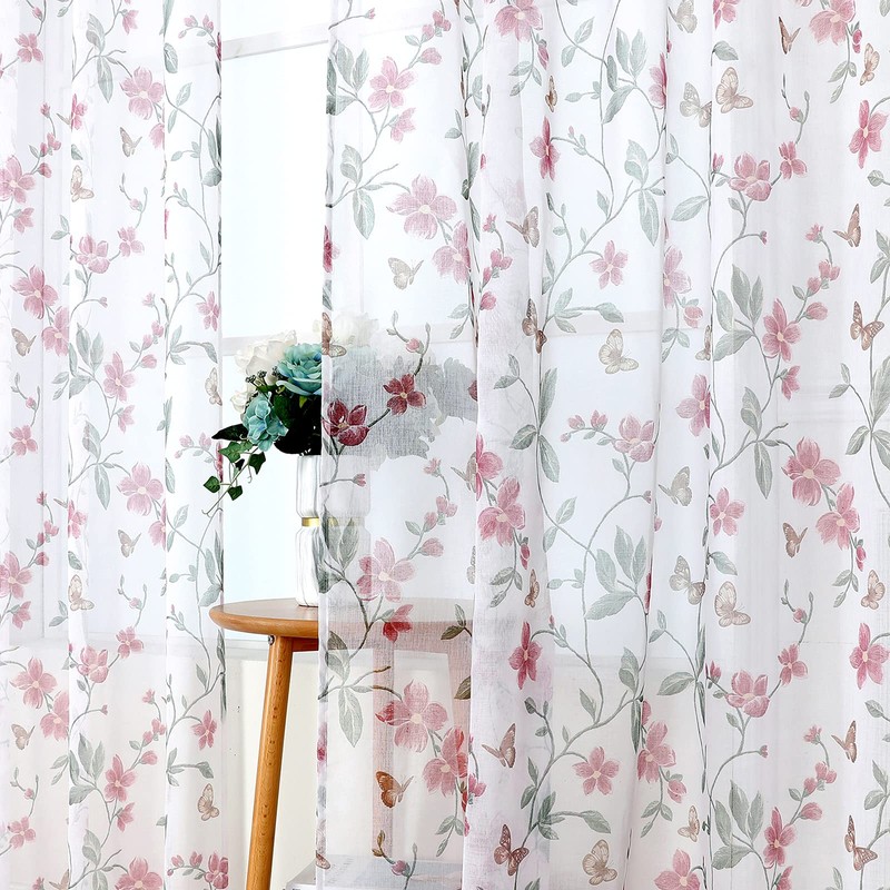 Tollpiz Short Sheer Floral Tier Curtains Pink Flower Butterfly Printed