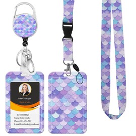 ID Badge Holder with Detachable Lanyard,Retractable Heavy Duty Badge Reel Vertical ID Card Protector Case for Teacher Nurse Work Office(Lanyard Blue Purple Mermaid)
