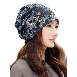 Electric Circus Knit Cap, Hat, Women's, Medical Hat, Care Hat, Floral Pattern, Watch Cap, Knit Hat, blue, Free size