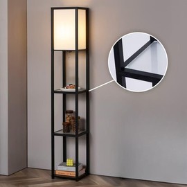 MITELSON Floor Lamp with Shelves, Modern Square Standing Lamp with Glass Shelves, Corner Display Shelf with Light, Tall Lamp with Shelves for Living Room, Bedroom, Office, Bookshelf, Black