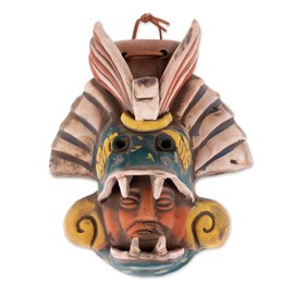 NOVICA Handmade Ceramic Mask Earthtone Quetzalcoatl Wall Multicolor Mexico Masks Animal Themed Cultural Aztec Snake 'Quetzalcoatl Revered'