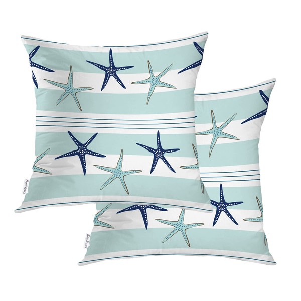 BaoNews Duotone Blue Nautical Starfish Throw Pillow Covers,Dark Blue Coastal Stripe Cushion Cover Digital Blended Hidden Zipperl Decorative Pillowcases for Hair Skin Square 20X20 in 2 Pcs