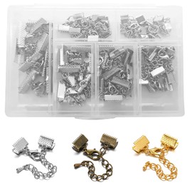 30 Pairs Band Crimp Clamp Ends with Lobster Clasp and Extension Chain, Various Sizes Bracelet Bookmark Caps Leather Pinch Crimp Clasps Clasps with Box (Silver)