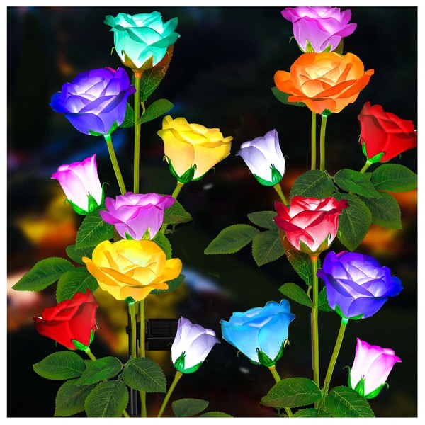 TONULAX Solar Garden Lights - Newest Version Solar Lights Outdoor, 7 Color Changing Rose Lights for Yard,Garden Decoration, Enlarged Solar Panel, More Realistic Rose Flower (4 Packs)