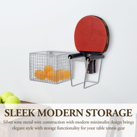 MyGift 12 Inch Wall Mounted Silver Metal Table Tennis Pickleball Paddle Rack and Ball Storage, Hanging Equipment Organizer with Racket Holder and Basket for Ping Pong Balls