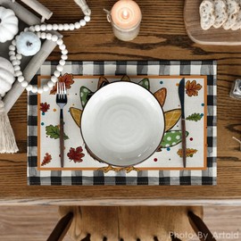 Artoid Mode Turkey Thanksgiving Placemats Set of 4, 12x18 Inch Fall Harvest Buffalo Plaid Table Mats for Party Kitchen Dining Decoration