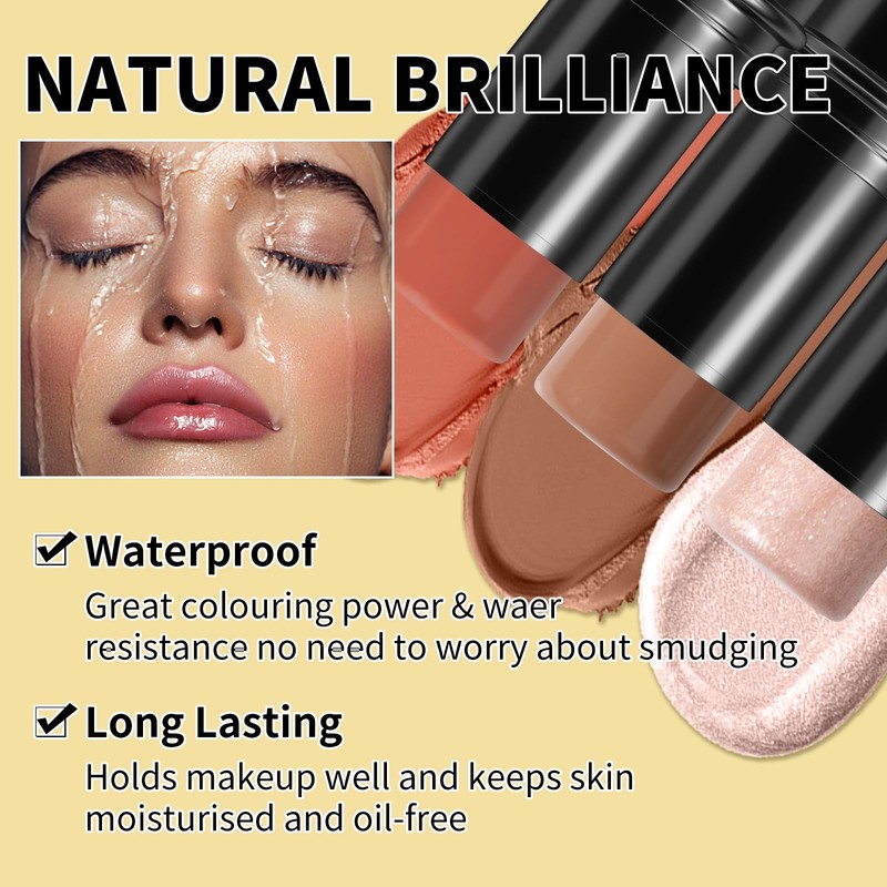 3Pcs Cream Contour Stick Makeup Kit, Shades with Highlighter, Blush