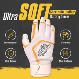 Stinger Sports Sting Squad Batting Gloves for Baseball & Softball (Youth XL, White Gold)
